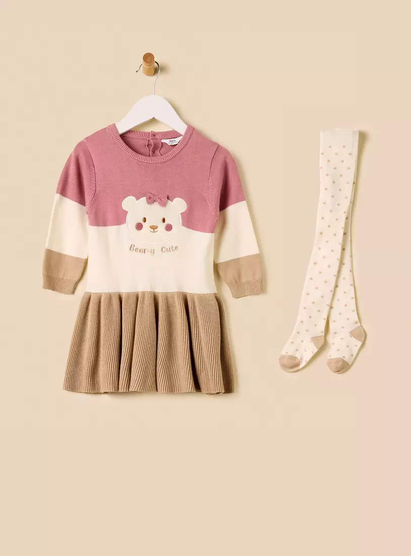 Bear Applique Sweater Dress with Tights-2