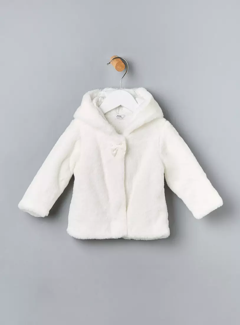 Bow Accent Hooded Faux Fur Jacket-2