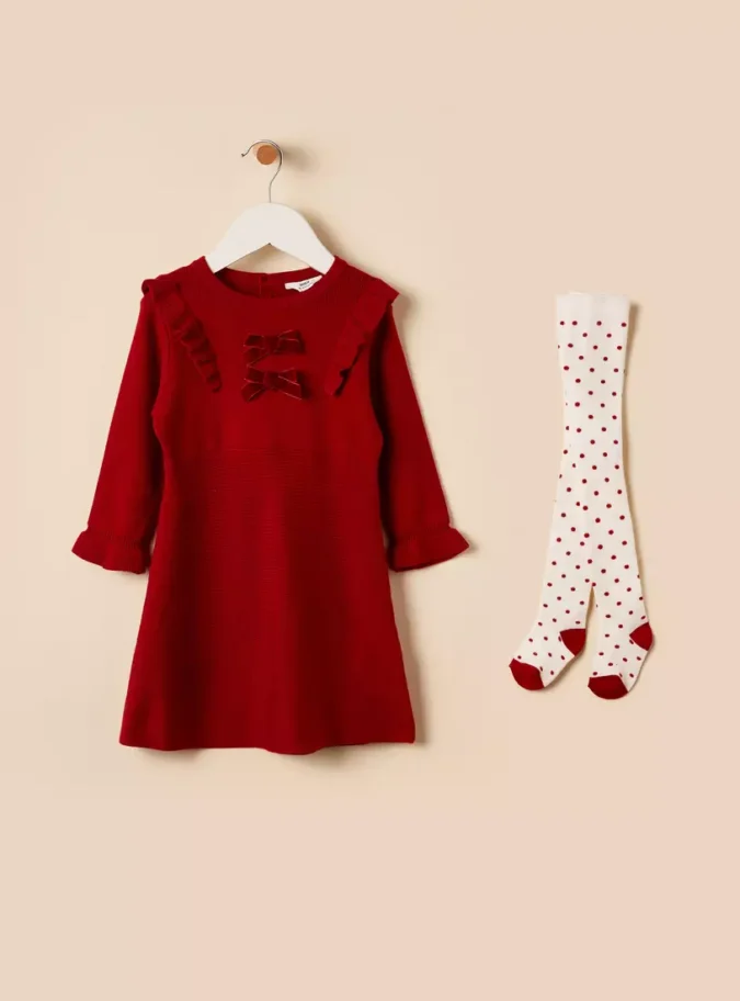 Bow Accent Sweater Dress with Stockings-2