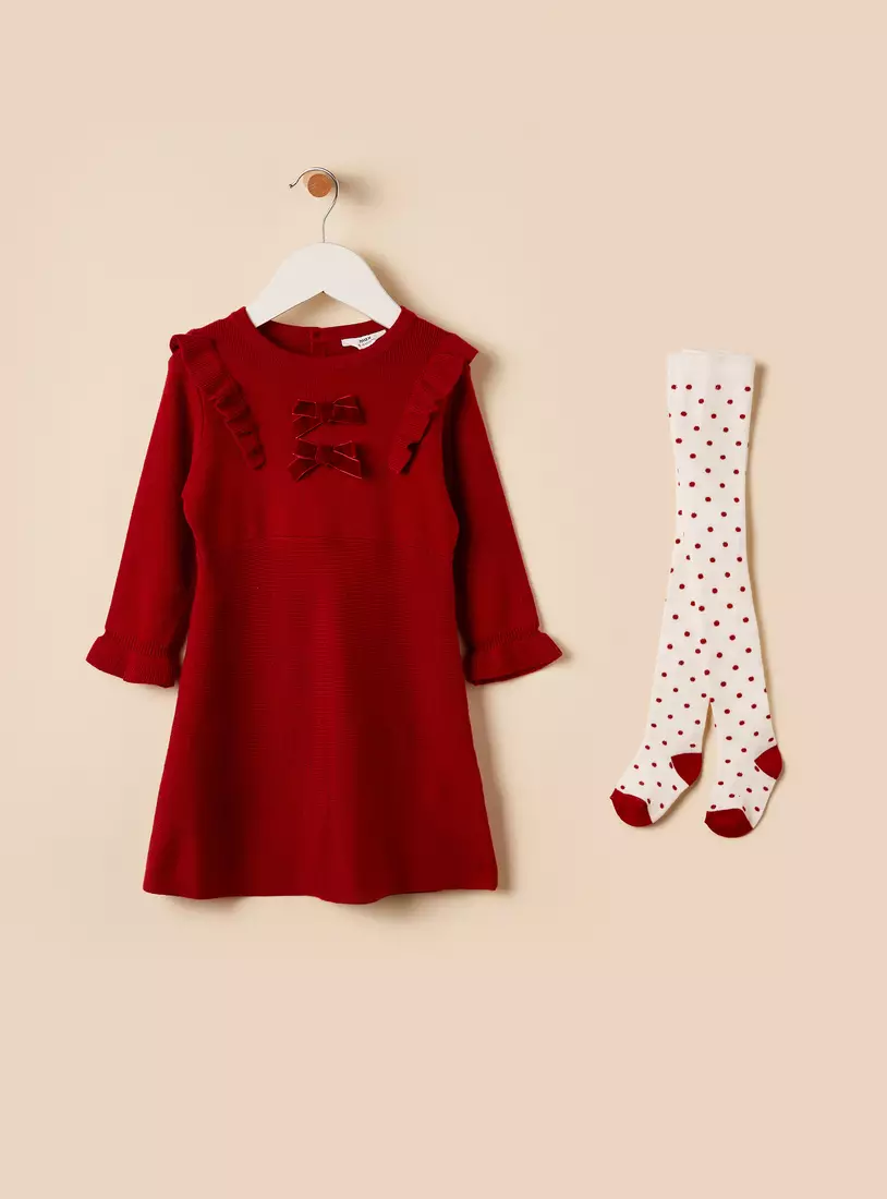 Bow Accent Sweater Dress with Stockings-2