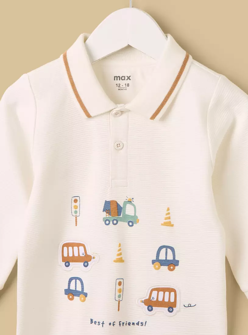 Car Print Collared Cotton Sleepsuit-3