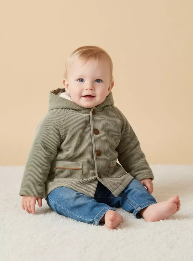 Corduroy Hooded Jacket with Fur Lining-1