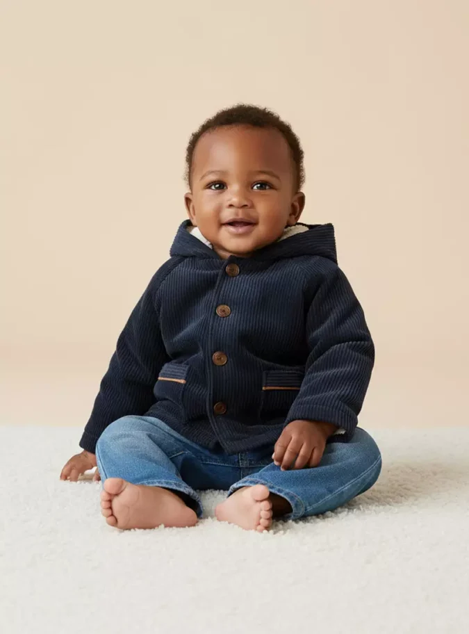 Corduroy Hooded Jacket with Fur Lining-1