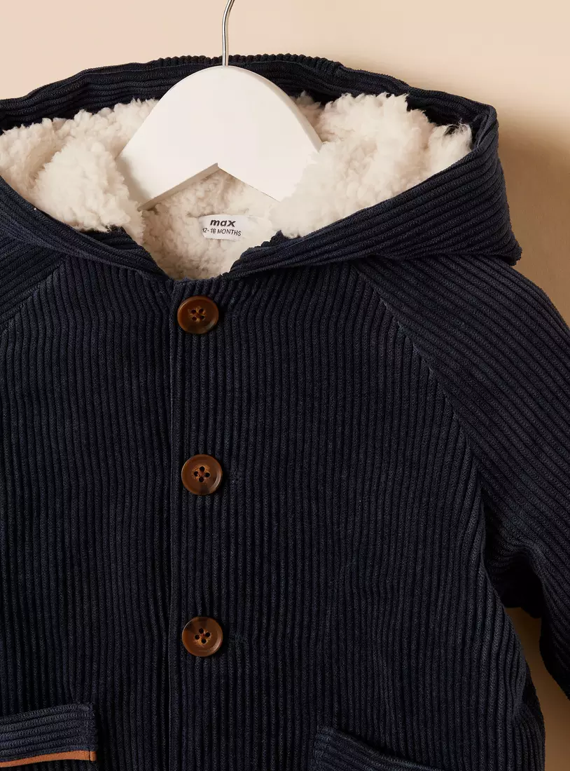 Corduroy Hooded Jacket with Fur Lining-4