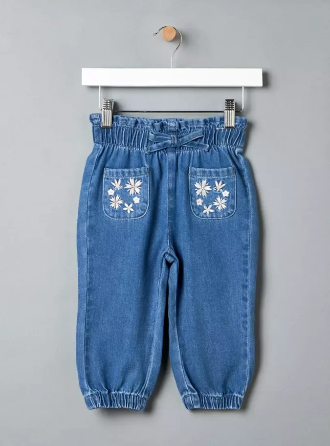 Embroidered Paperbag Waist Denim Jeggings-1