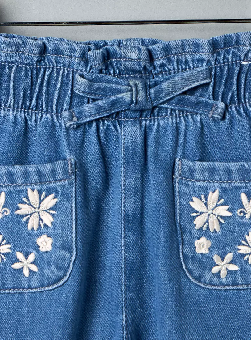 Embroidered Paperbag Waist Denim Jeggings-3