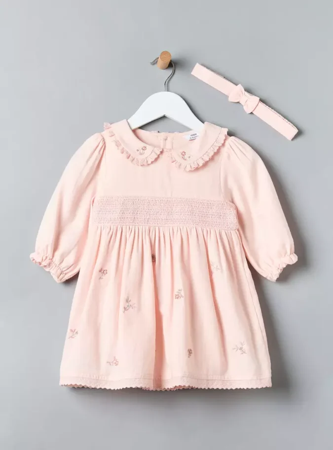 Floral Embroidered Better Cotton Collared Dress with Hairband-2