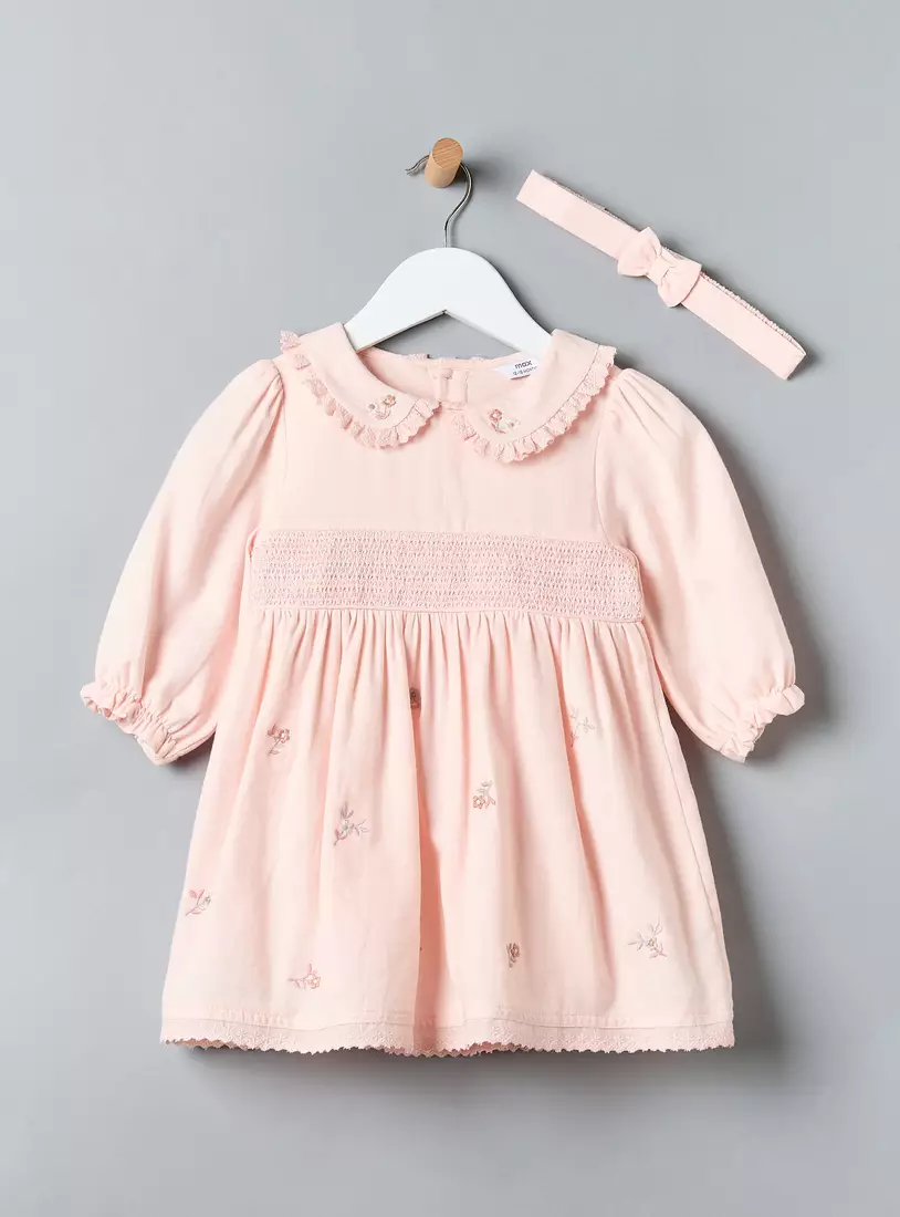 Floral Embroidered Better Cotton Collared Dress with Hairband-2