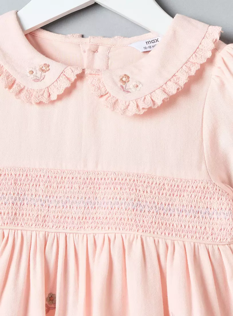 Floral Embroidered Better Cotton Collared Dress with Hairband-3