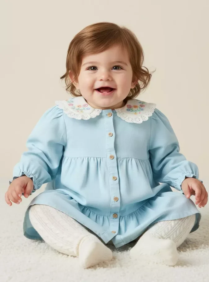 Floral Embroidered Collar Tiered Twill Dres-1