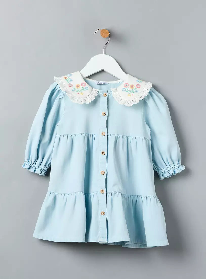 Floral Embroidered Collar Tiered Twill Dres-2