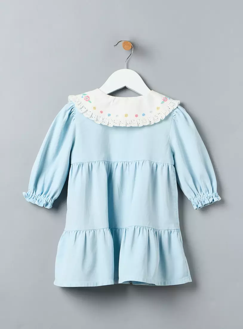Floral Embroidered Collar Tiered Twill Dres-3