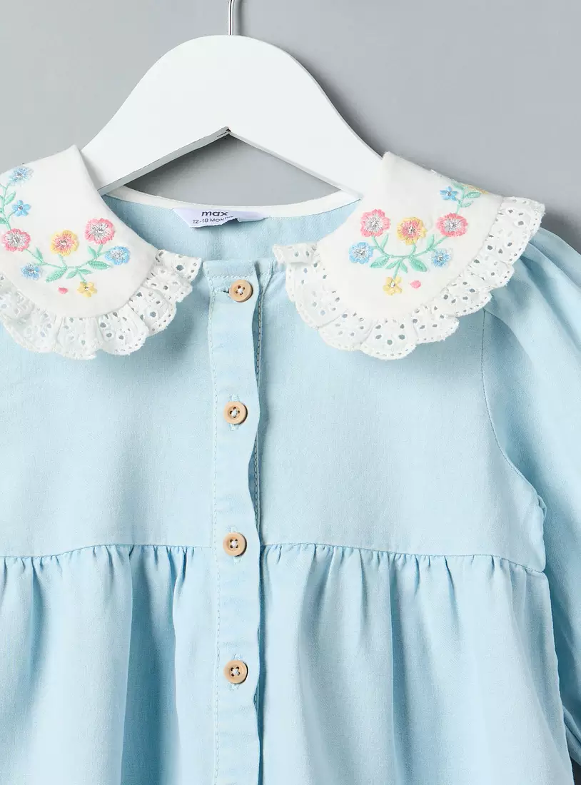 Floral Embroidered Collar Tiered Twill Dres-4