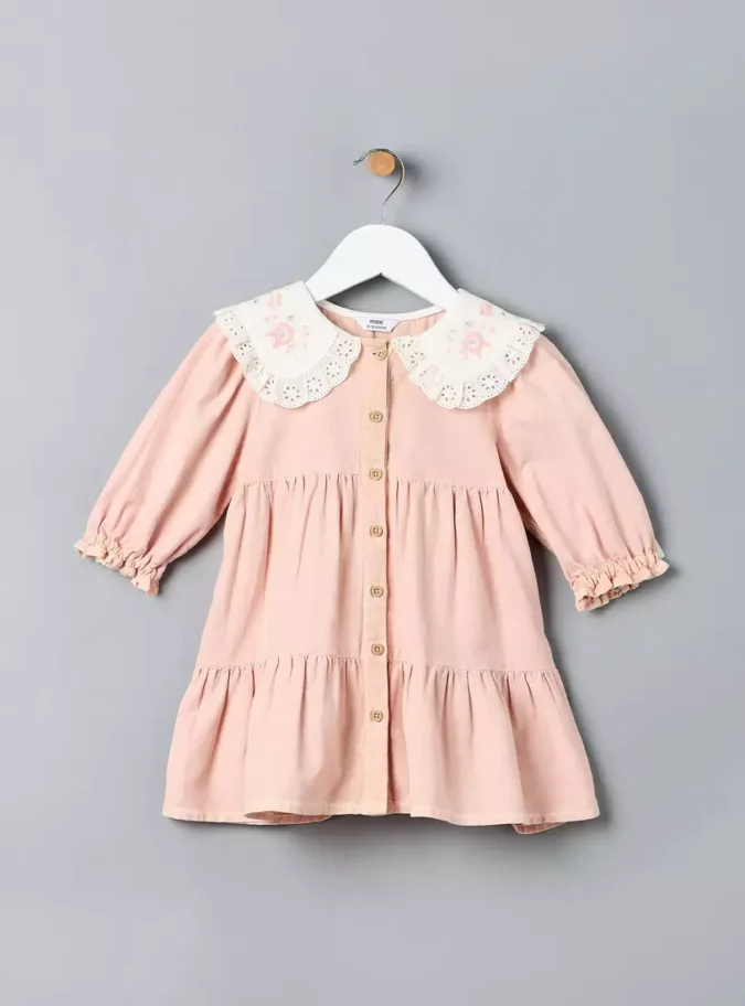 Floral Embroidered Collar Tiered Twill Dress-1