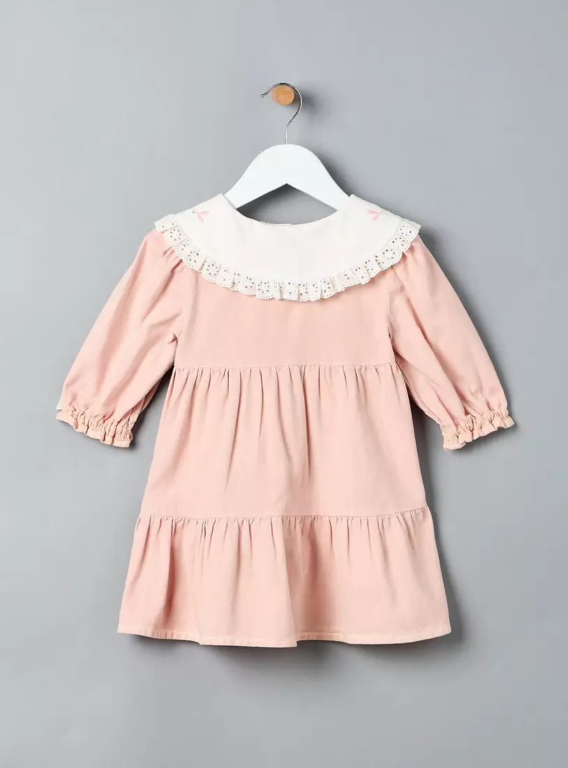 Floral Embroidered Collar Tiered Twill Dress2
