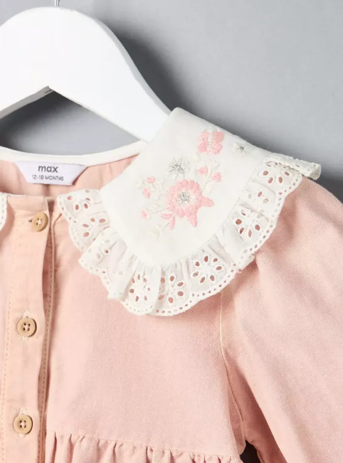 Floral Embroidered Collar Tiered Twill Dress3