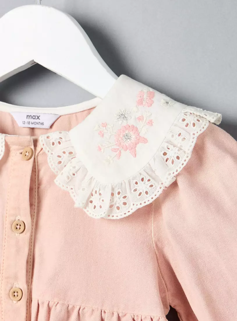 Floral Embroidered Collar Tiered Twill Dress3