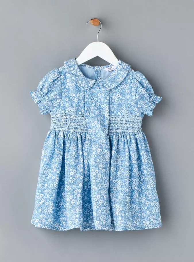 Floral Print Smocked Detail Dress with Peter Pan Collar-1