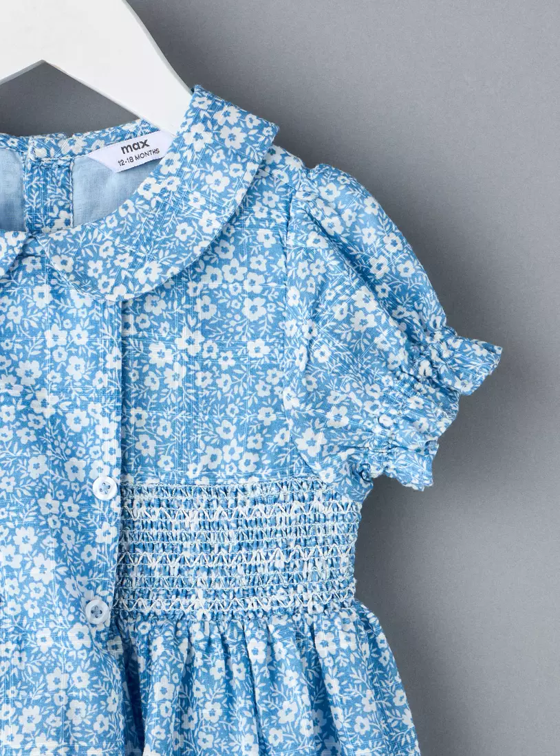 Floral Print Smocked Detail Dress with Peter Pan Collar-3
