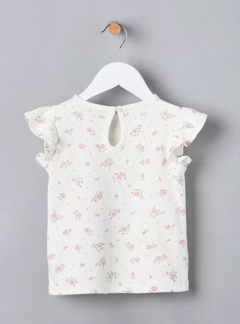 Floral Print T-shirt with Cap Sleeves-2
