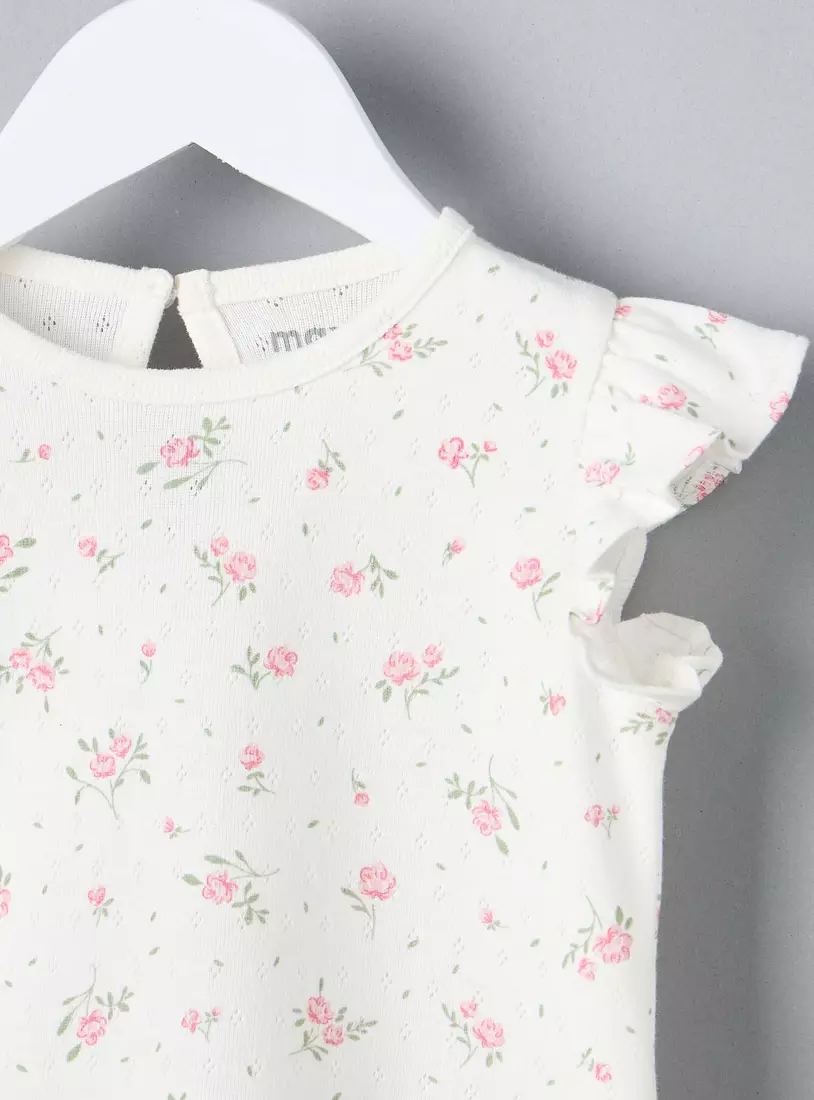 Floral Print T-shirt with Cap Sleeves-3