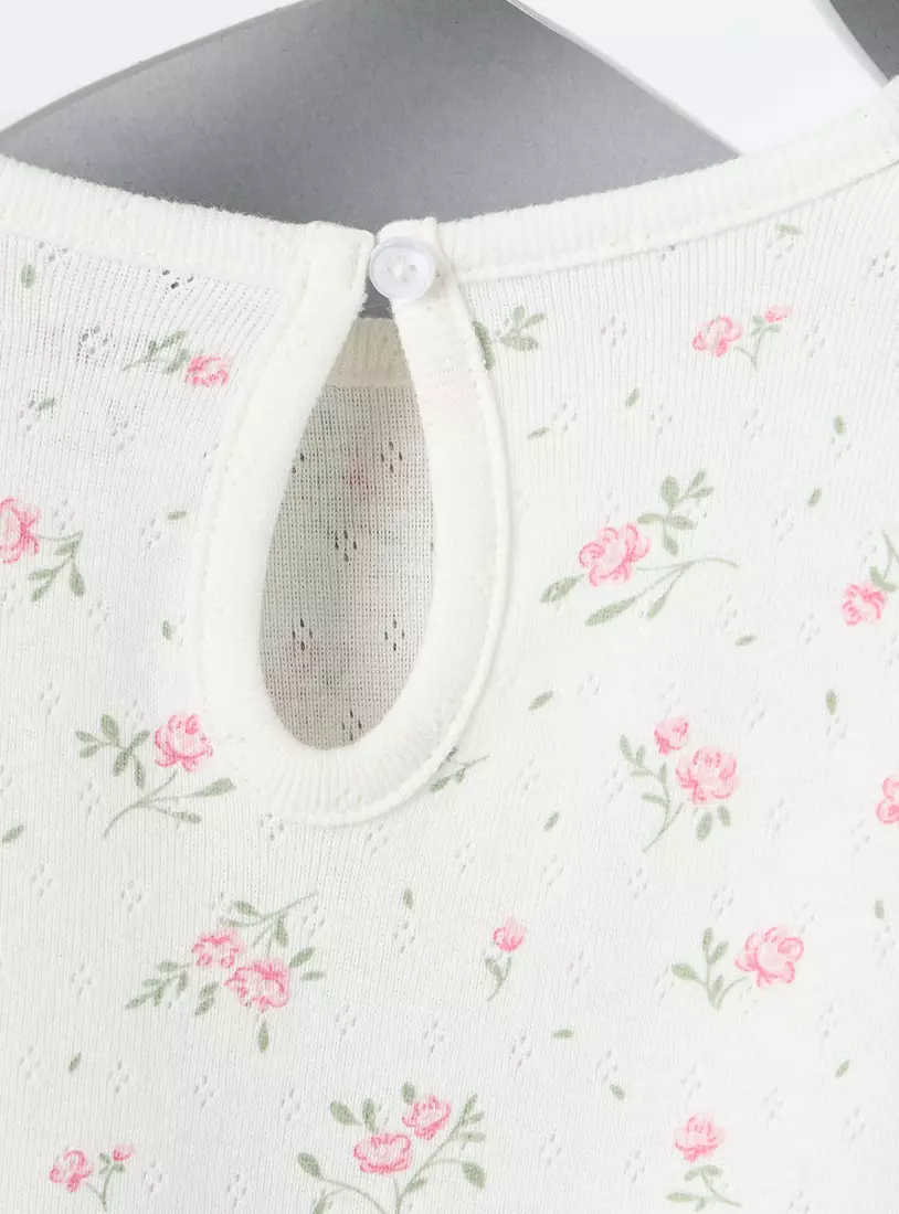 Floral Print T-shirt with Cap Sleeves-4