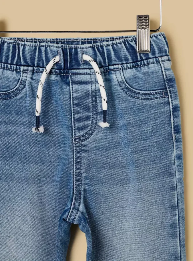 Full Length Plain Denim Jeans with Drawstring and Pocket Detail-3