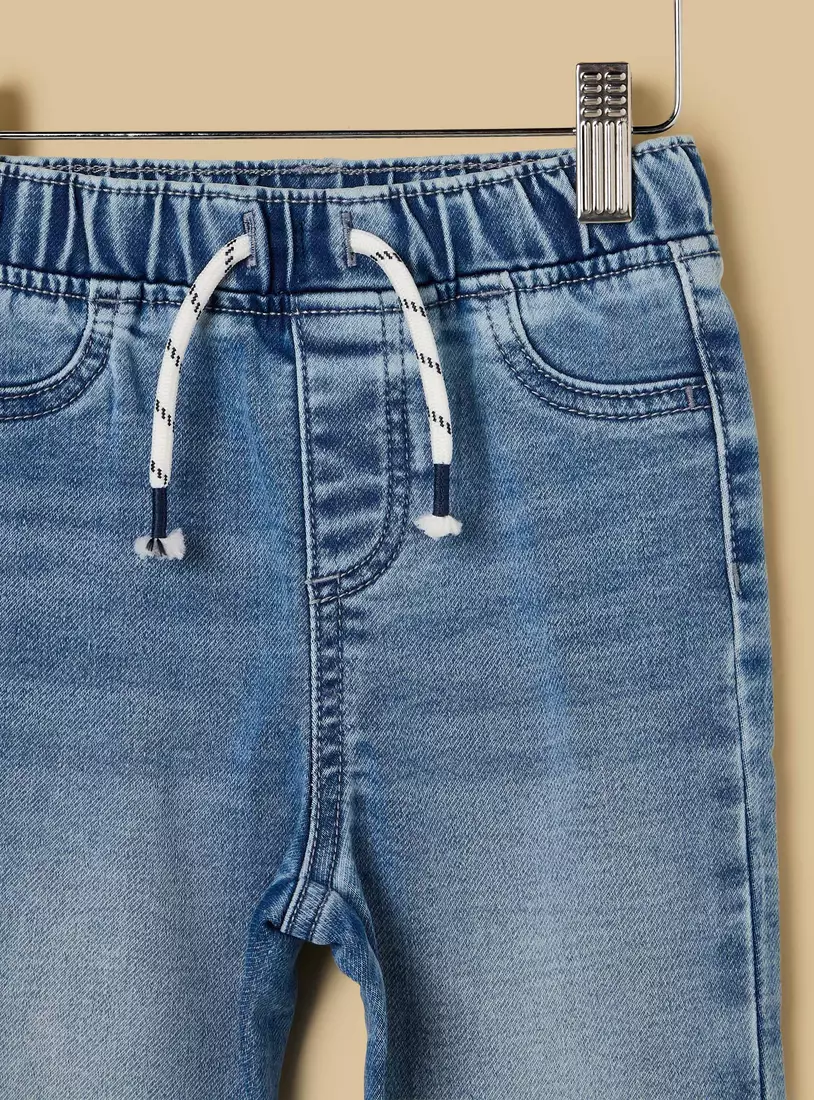 Full Length Plain Denim Jeans with Drawstring and Pocket Detail-3