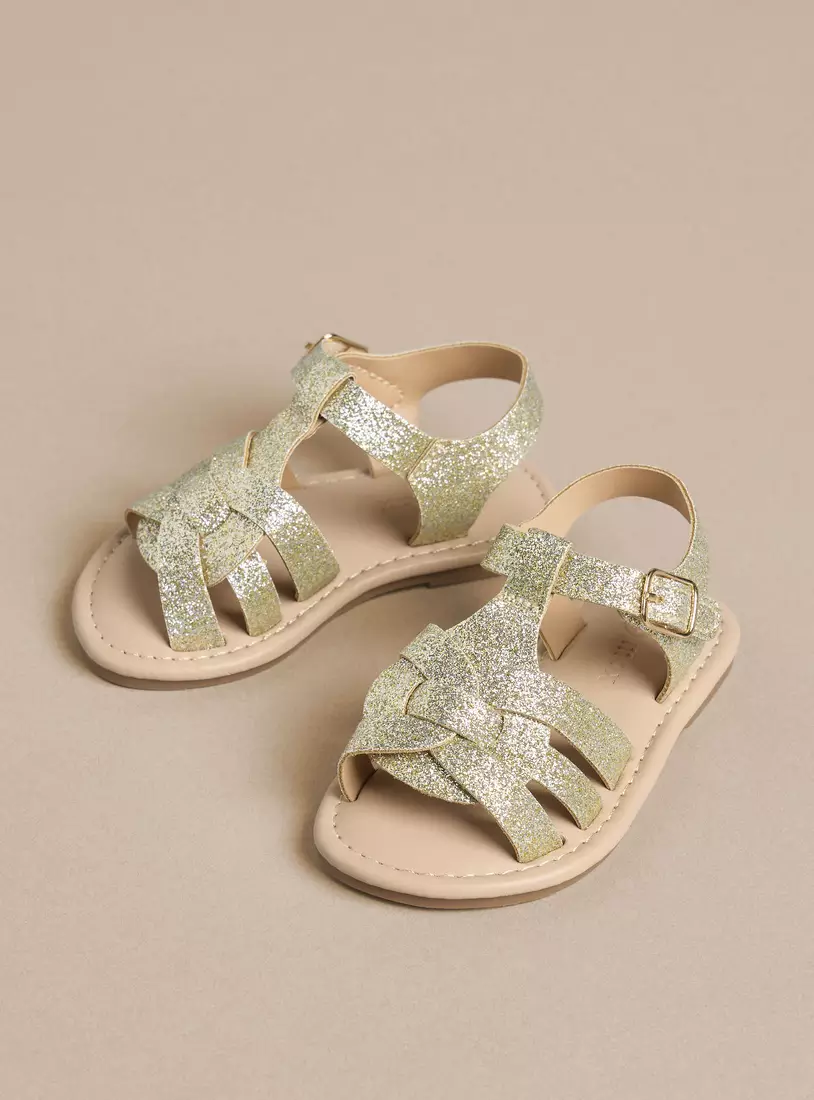 Glitter Detail Sandals with Hook and Loop Closure-2
