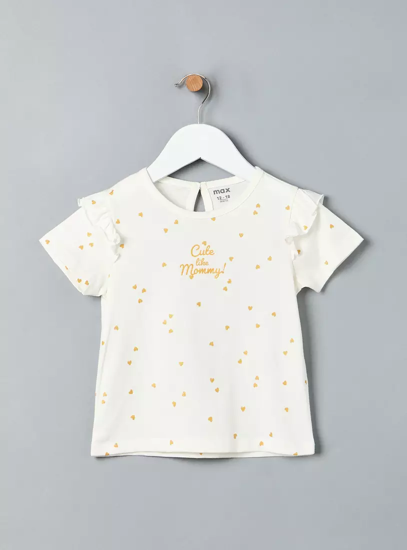 Heart Print Ruffled Cotton T-shirt-2