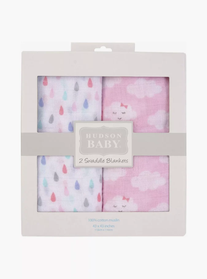 Hudson Baby 2-Piece Muslin Swaddle Blankets - Pink - Cloudy-1