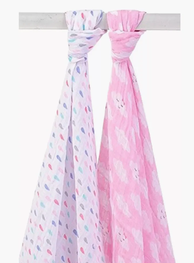 Hudson Baby 2-Piece Muslin Swaddle Blankets - Pink - Cloudy-2