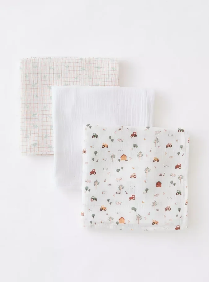 Juniors Farmyard Print 3-Piece Muslin Swaddle Blanket Set -3