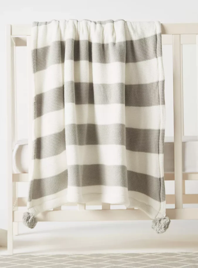 Juniors Striped Knitted Raschel Blanket with Pom Pom Detail - 100x80 cms-1