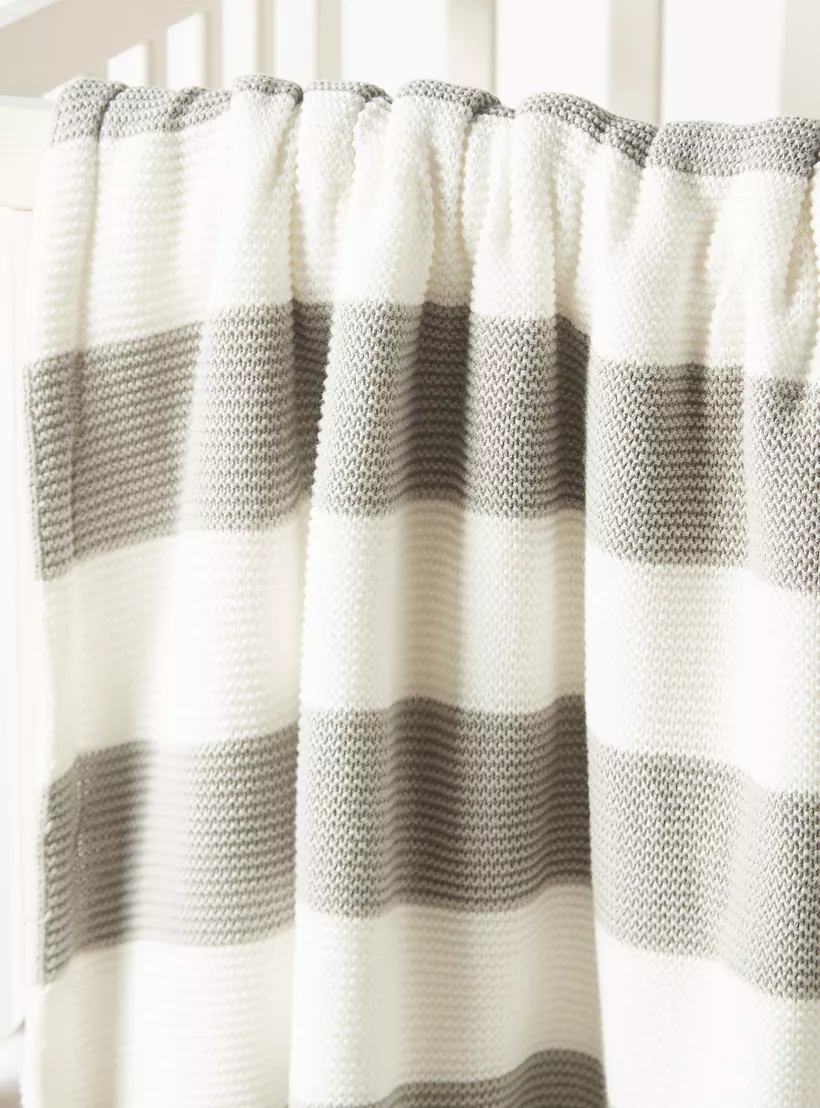 Juniors Striped Knitted Raschel Blanket with Pom Pom Detail - 100x80 cms-2
