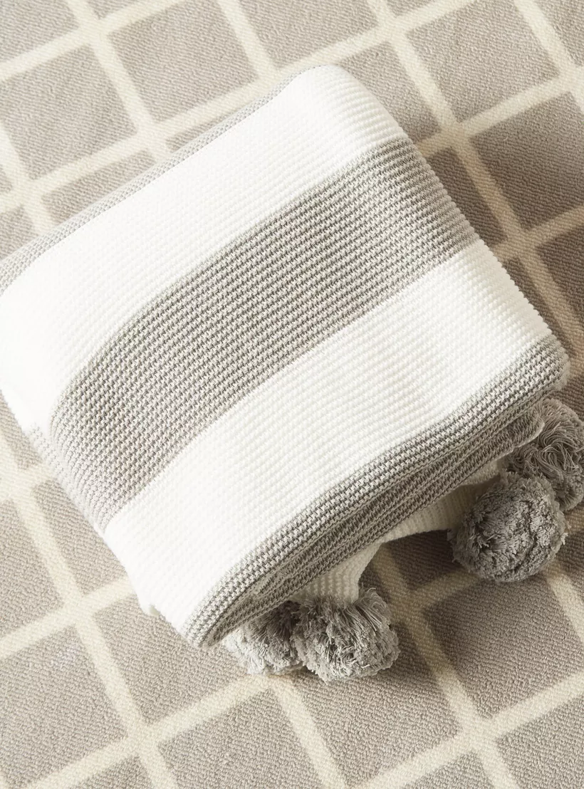Juniors Striped Knitted Raschel Blanket with Pom Pom Detail - 100x80 cms-4