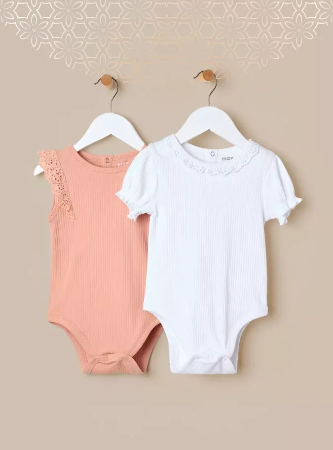 Pack of 2 - Lace Trim Ribbed Cotton Bodysuit-1