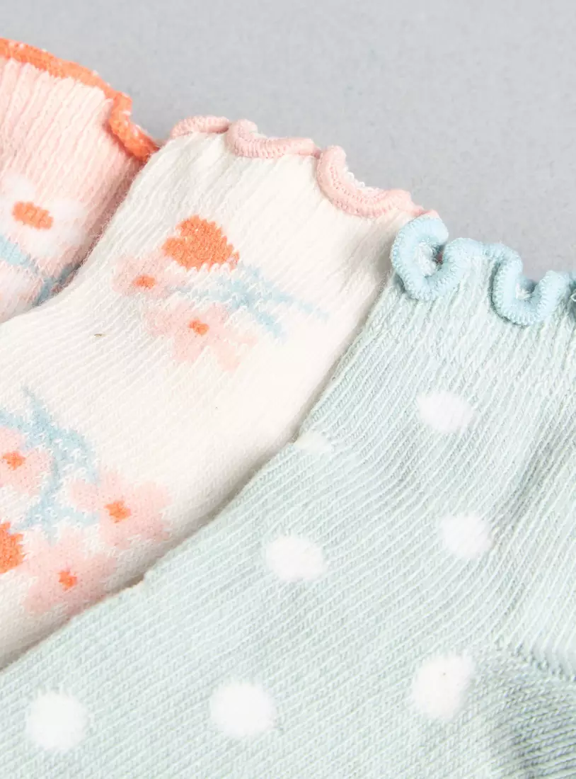 Pack of 3 - Printed Ankle Length Socks with Scalloped Hem-4
