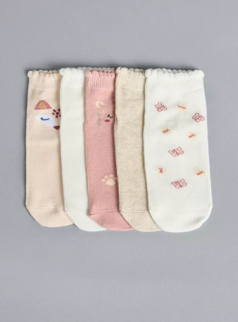Pack of 5 - Assorted Scalloped Hem Cotton Ankle Length Socks-2