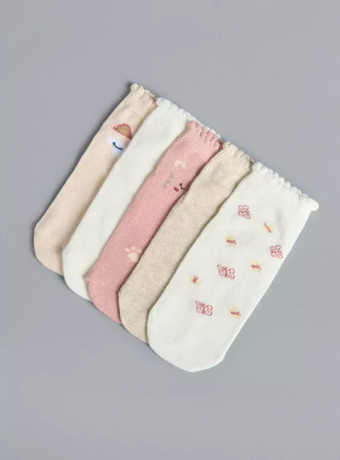 Pack of 5 - Assorted Scalloped Hem Cotton Ankle Length Socks-3