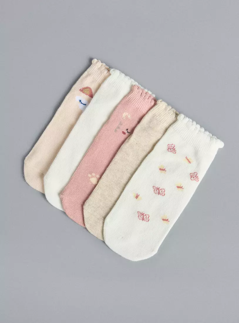 Pack of 5 - Assorted Scalloped Hem Cotton Ankle Length Socks-3