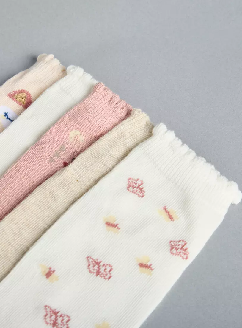 Pack of 5 - Assorted Scalloped Hem Cotton Ankle Length Socks-4