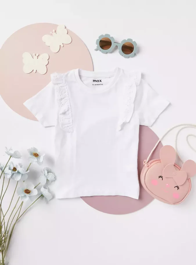 Plain T-shirt with Ruffles and Short Sleeves-1