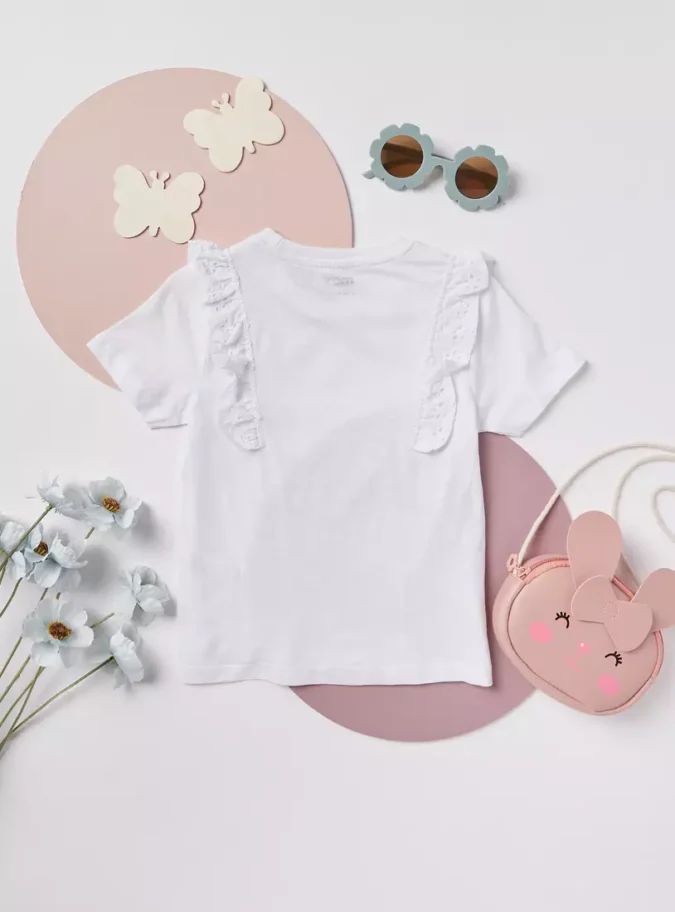Plain T-shirt with Ruffles and Short Sleeves-3