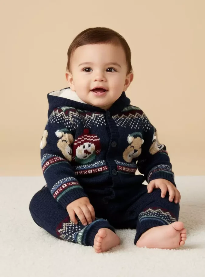 Printed Hooded Faux Fur Lined Sleepsuit-1