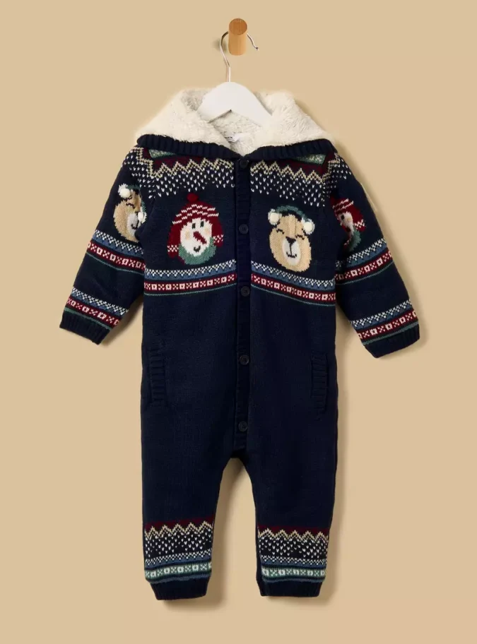 Printed Hooded Faux Fur Lined Sleepsuit-2