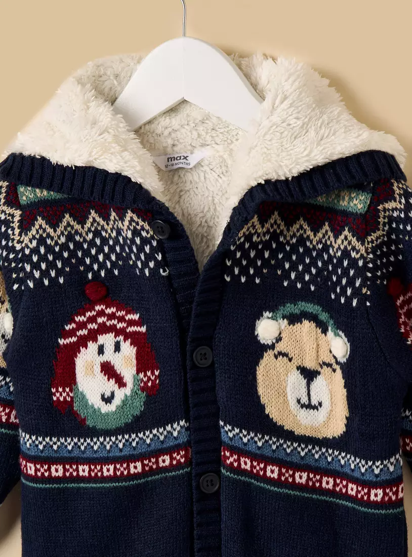 Printed Hooded Faux Fur Lined Sleepsuit-3