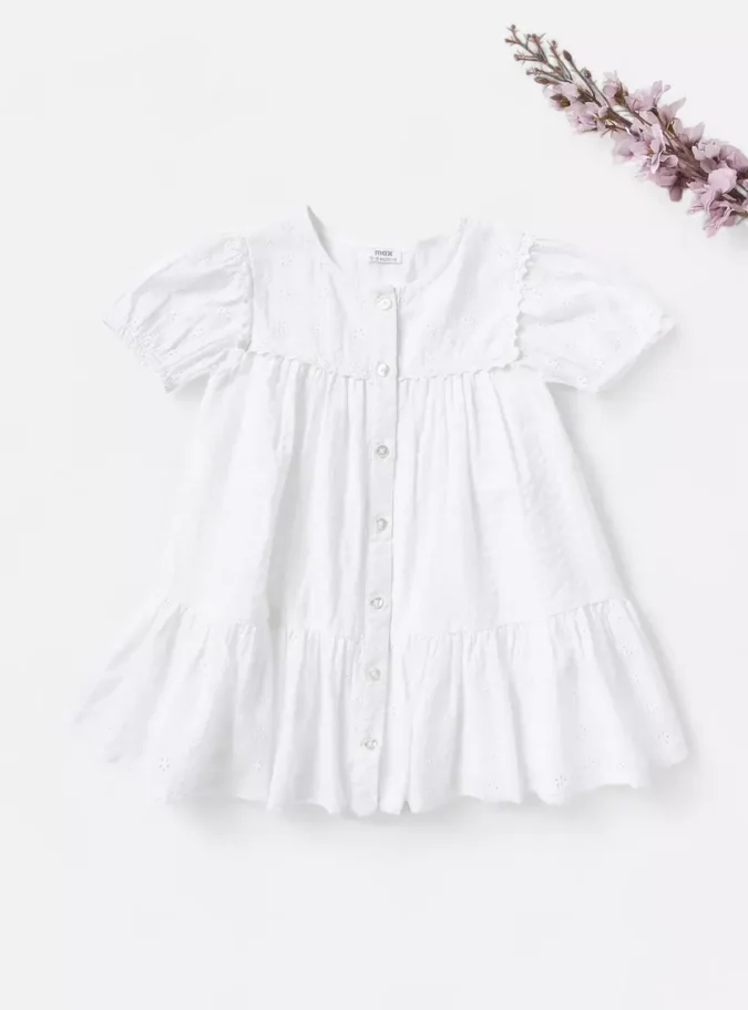 Schiffli Detail Seersucker Tiered Cotton Dress-1