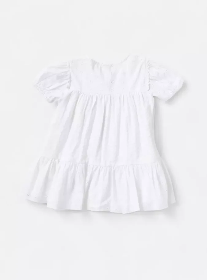 Schiffli Detail Seersucker Tiered Cotton Dress-2
