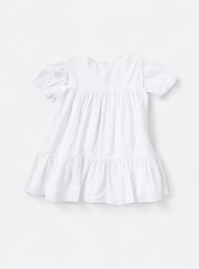 Schiffli Detail Seersucker Tiered Cotton Dress-2